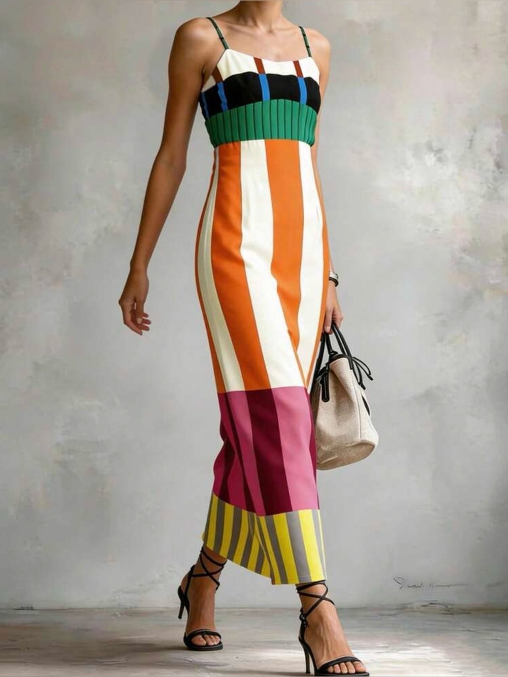Colorblock Stripe Midi Skirt - Green, Orange, Pink
